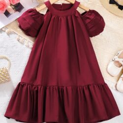 Burgundy キュート Collar ノースリーブ 織物生地 プレーン スモック…