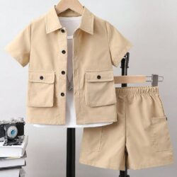 Caqui Casual Collar Manga Curta Simples…