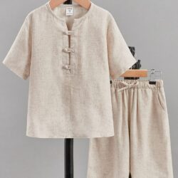 Khaki Casual Collar Short Sleeve Plain…