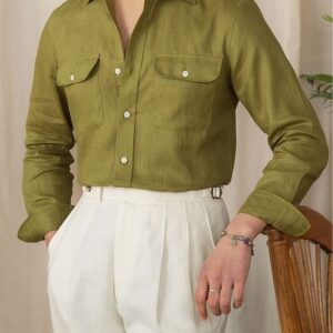 Men’s Linen V-Neck Shirt- Olive
