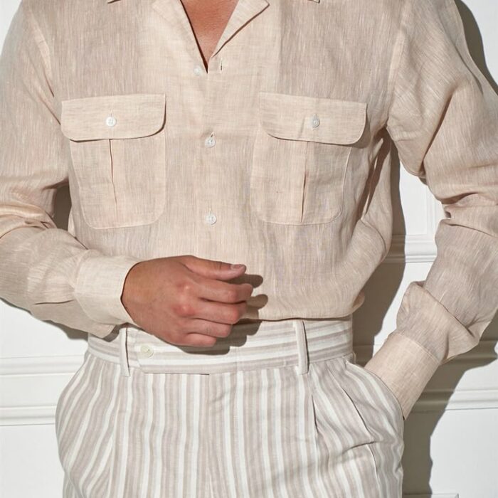 V-neck Linen Shirt - Beige Men Shirt