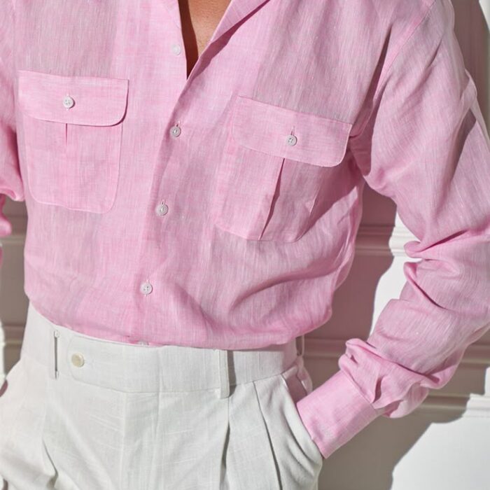 V-neck Linen Shirt - Pink men shirtr