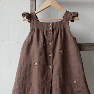 Rustic Brown Embroidered Linen Kids Dress